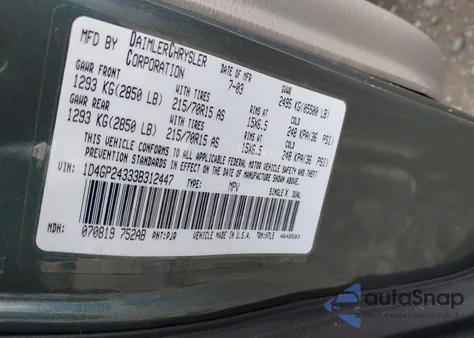 2003 Dodge Grand Caravan Se z USA, uszkodzony, nr VIN 1D4GP24333B312447
